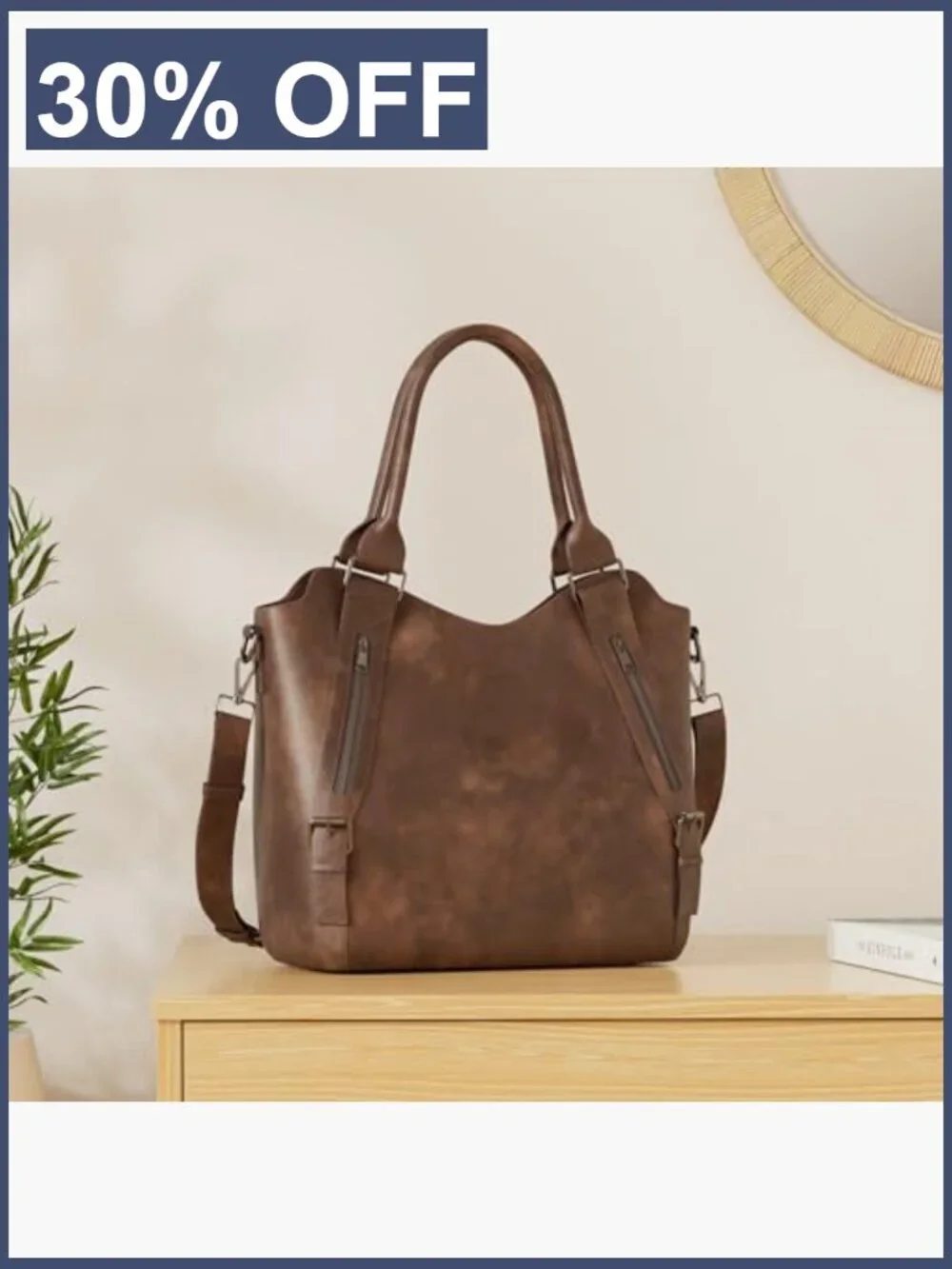 Large Hobo Bag with Multiple Pockets, Vegan Leather, Adjustable Strap
